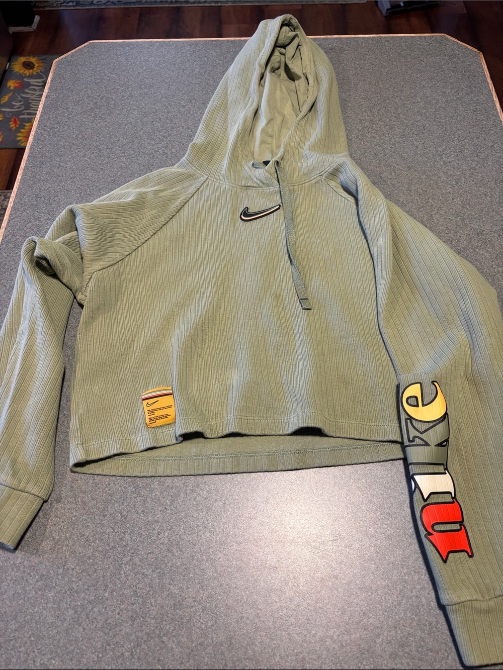 Nike Olive Green Cropped Hoodie with Logo Sleeve